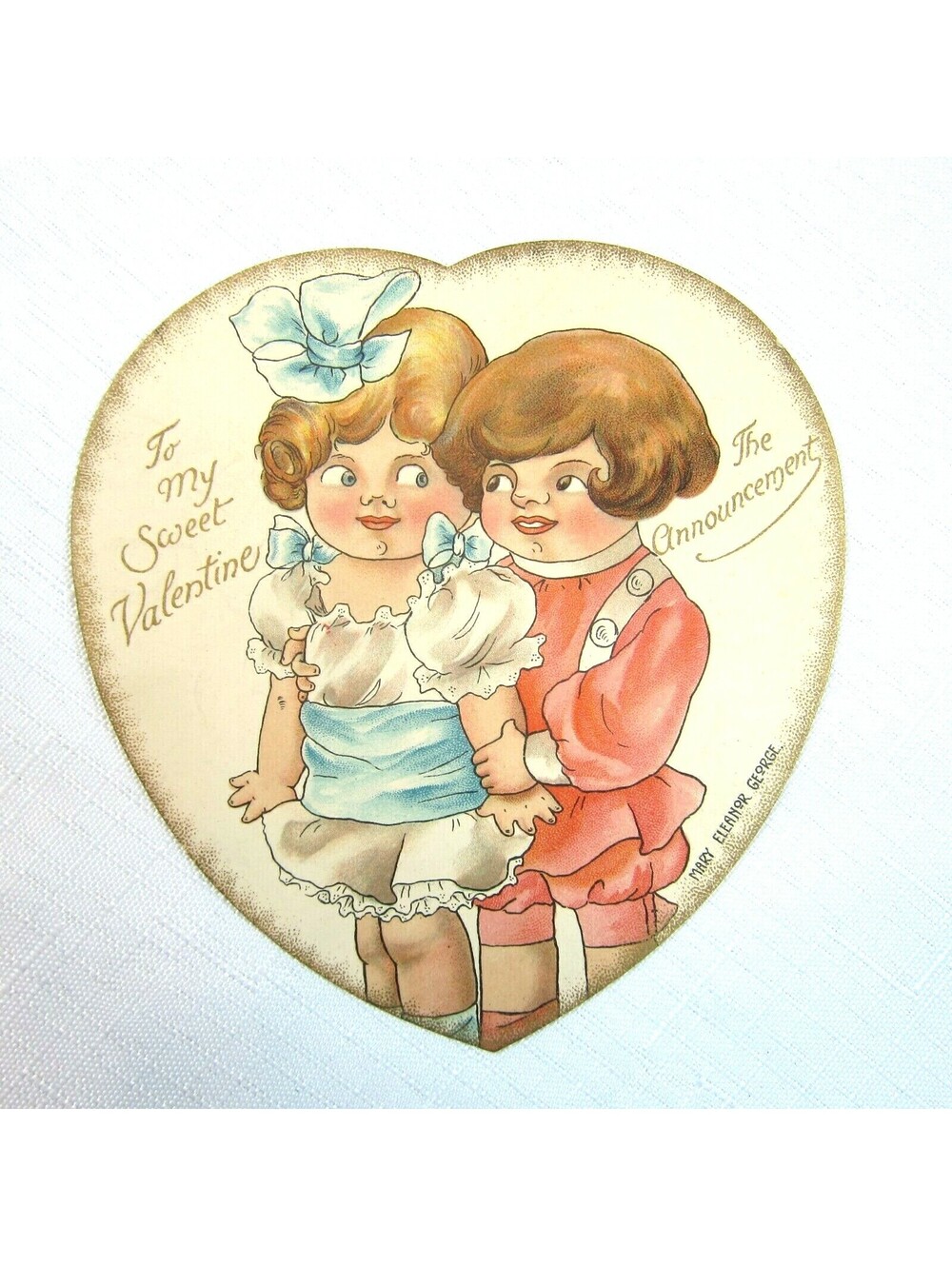 Vintage Valentine 1920s Nister Card Boy & Girl Heart Mary Eleanor George Bavaria